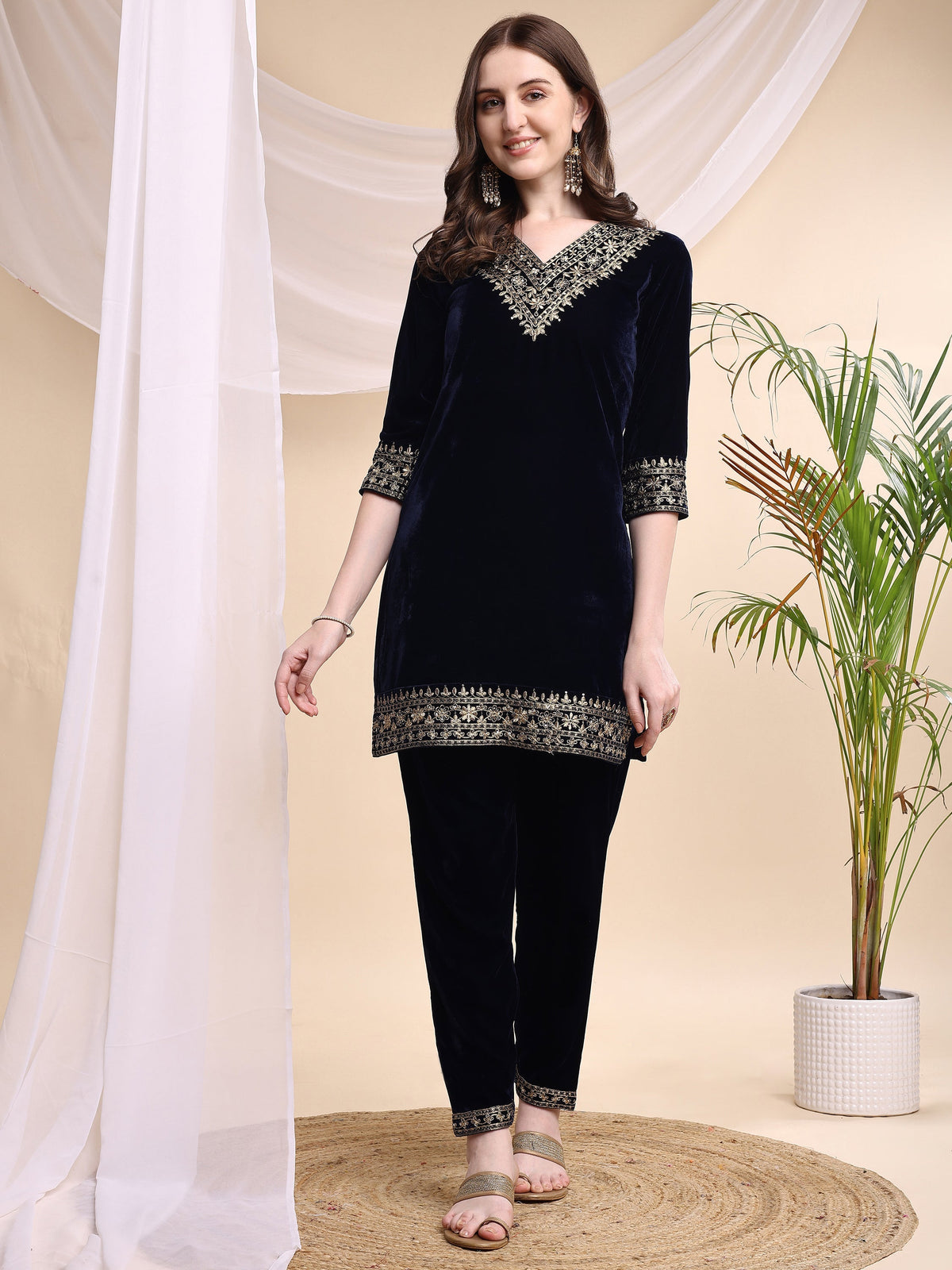 Embroidered Velvet Co-Ords, Navy Blue - Hiral Fashion | Grocsy