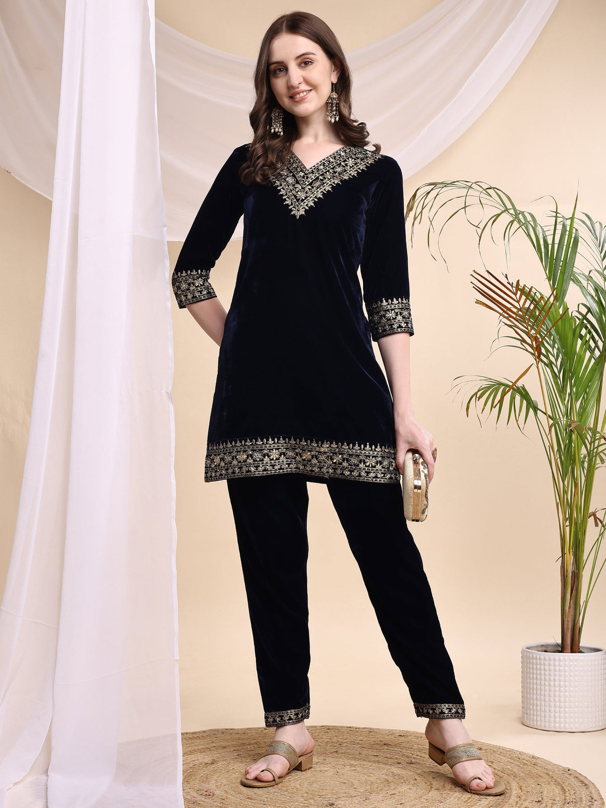 Embroidered Velvet Co-Ords, Navy Blue - Hiral Fashion | Grocsy