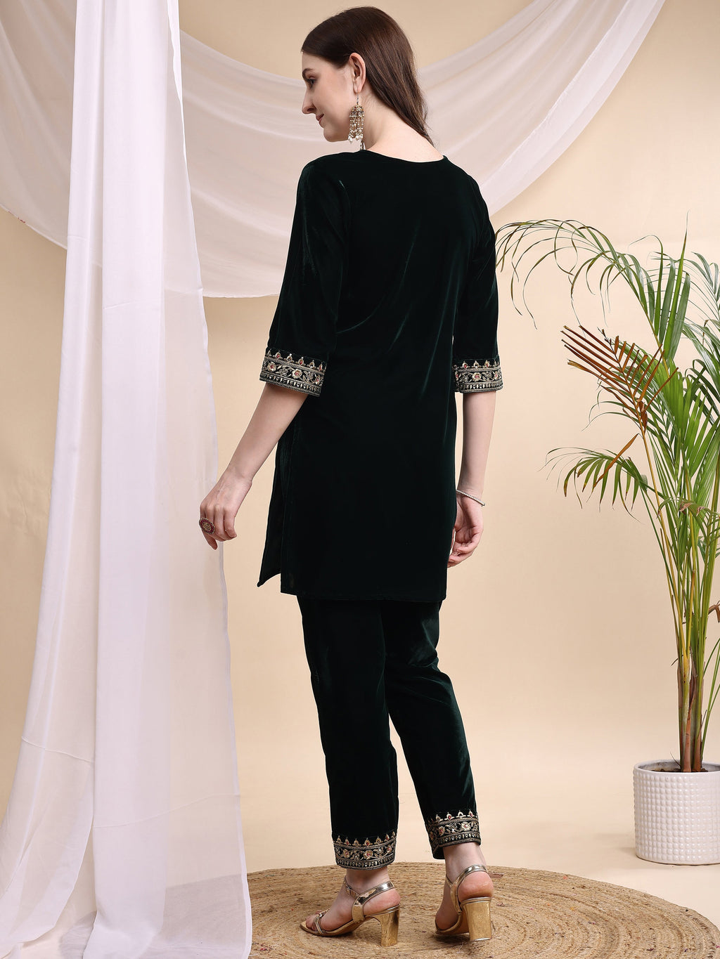 Embroidered Velvet Co-Ords, Bottle-Green - Hiral Fashion | Grocsy