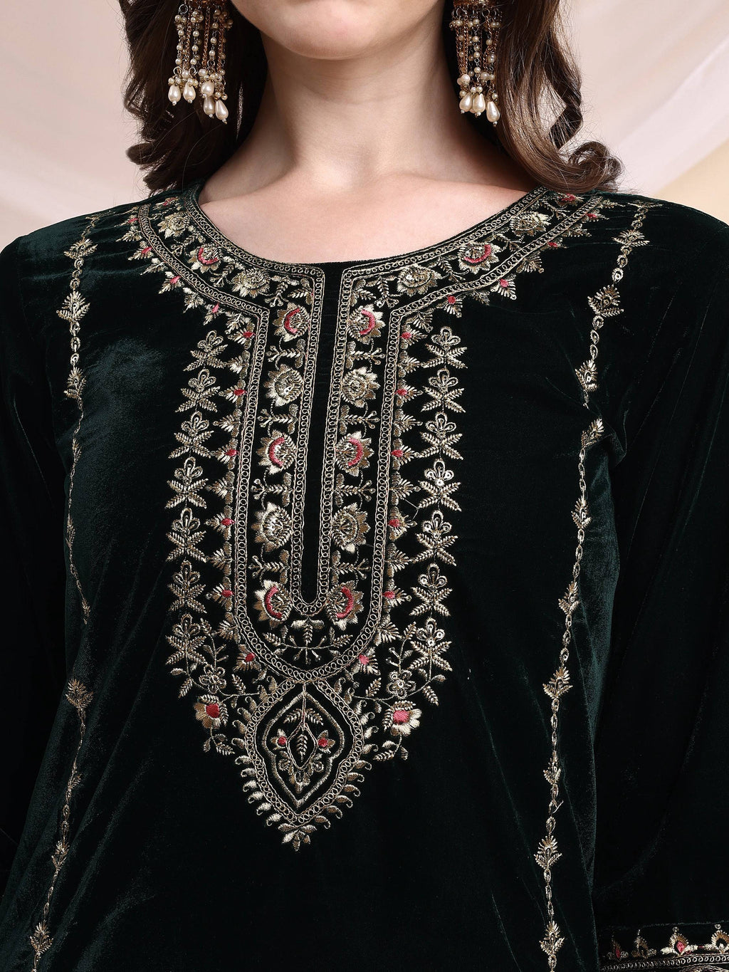 Embroidered Velvet Co-Ords, Bottle-Green - Hiral Fashion | Grocsy