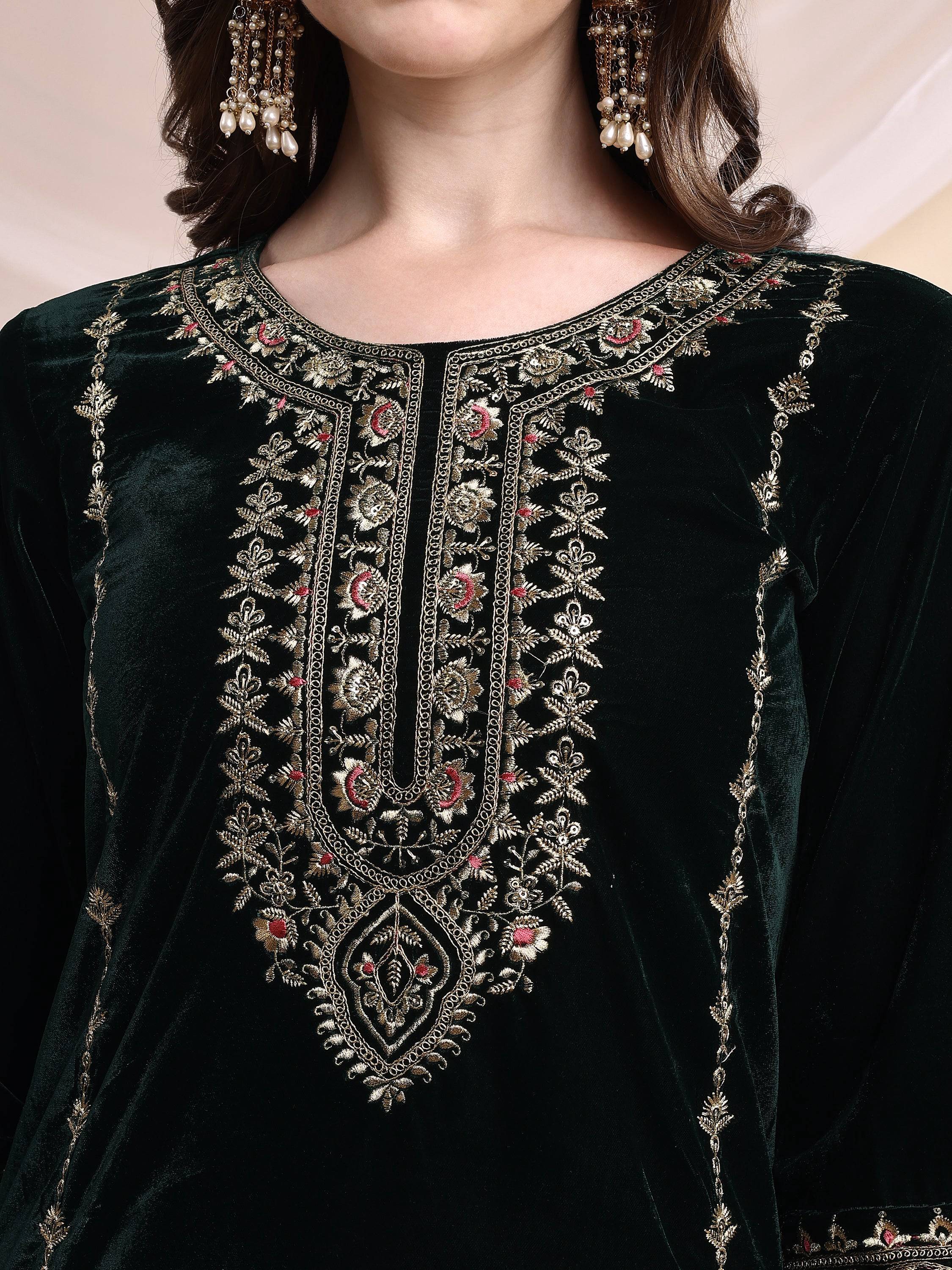 Embroidered Velvet Co-Ords, Bottle-Green - Hiral Fashion | Grocsy