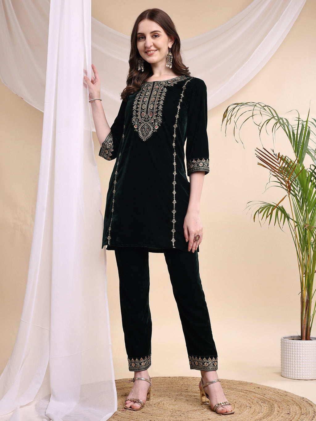 Embroidered Velvet Co-Ords, Bottle-Green - Hiral Fashion | Grocsy