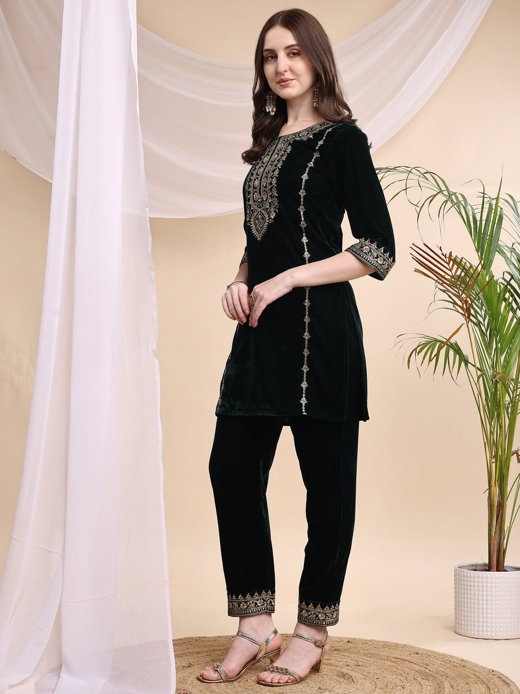 Embroidered Velvet Co-Ords, Bottle-Green - Hiral Fashion | Grocsy