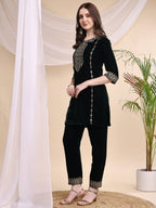 Embroidered Velvet Co-Ords, Bottle-Green - Hiral Fashion | Grocsy