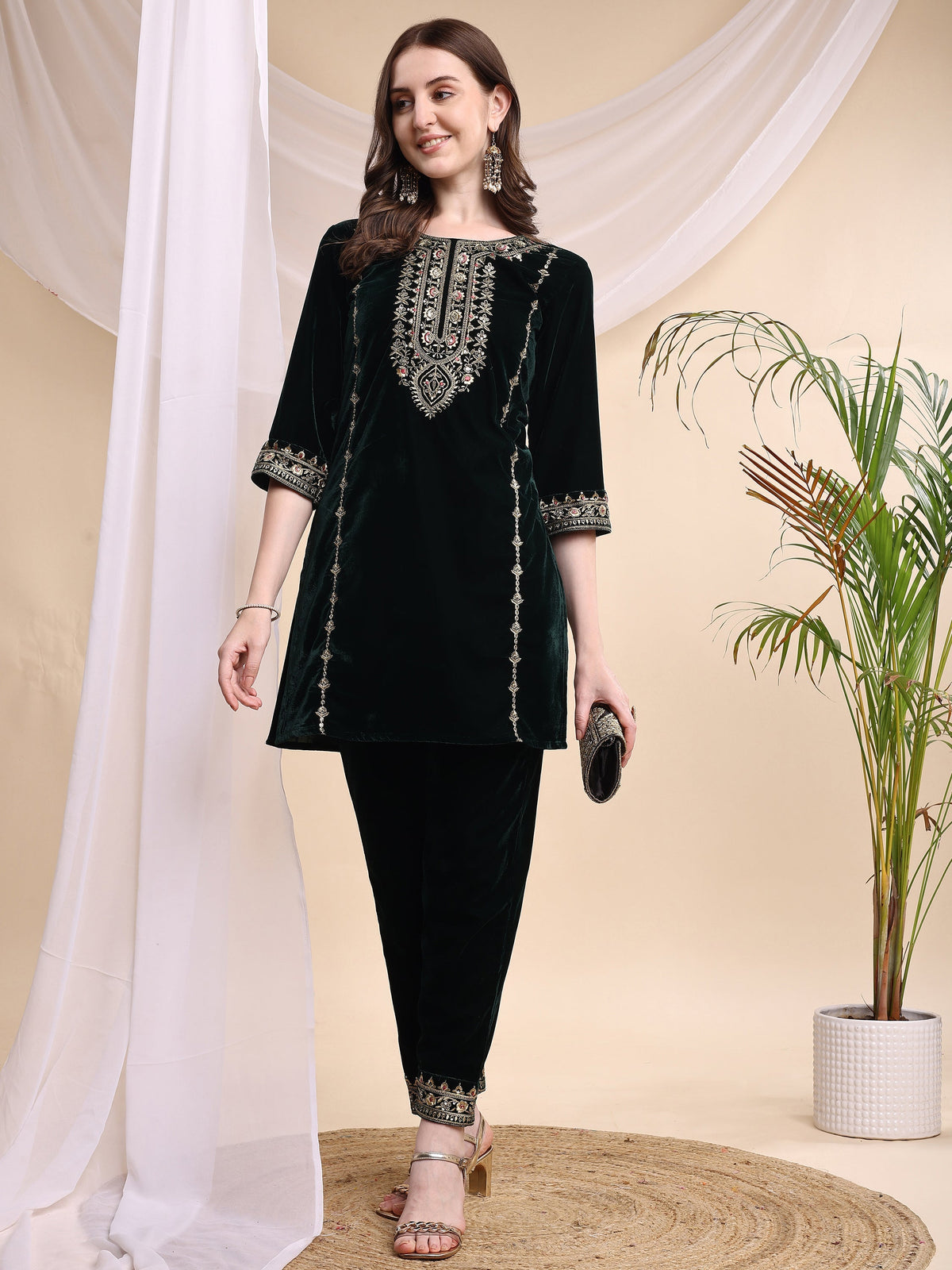 Embroidered Velvet Co-Ords, Bottle-Green - Hiral Fashion | Grocsy