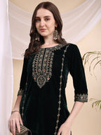 Embroidered Velvet Co-Ords, Bottle-Green - Hiral Fashion | Grocsy
