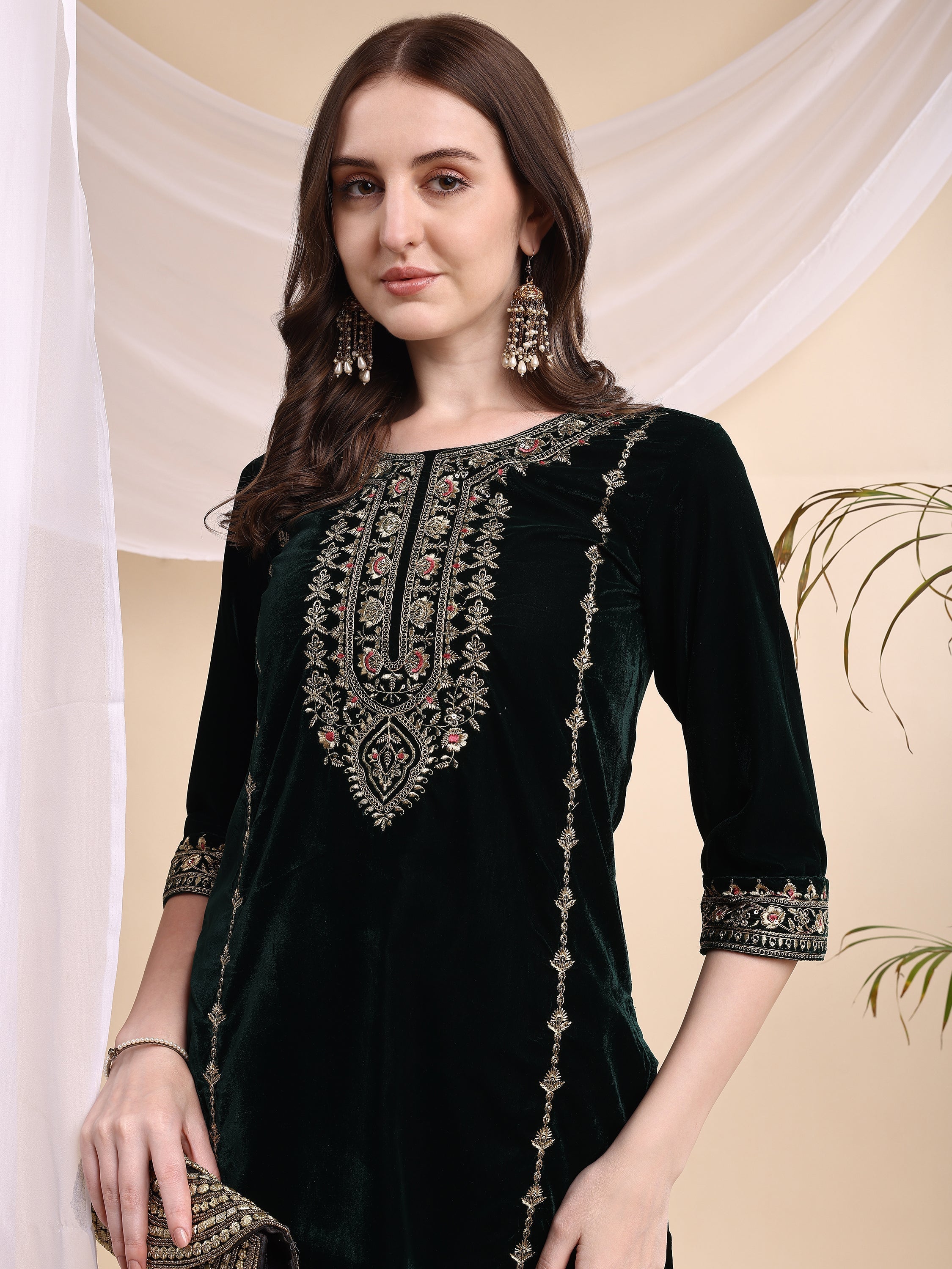 Embroidered Velvet Co-Ords, Bottle-Green - Hiral Fashion | Grocsy