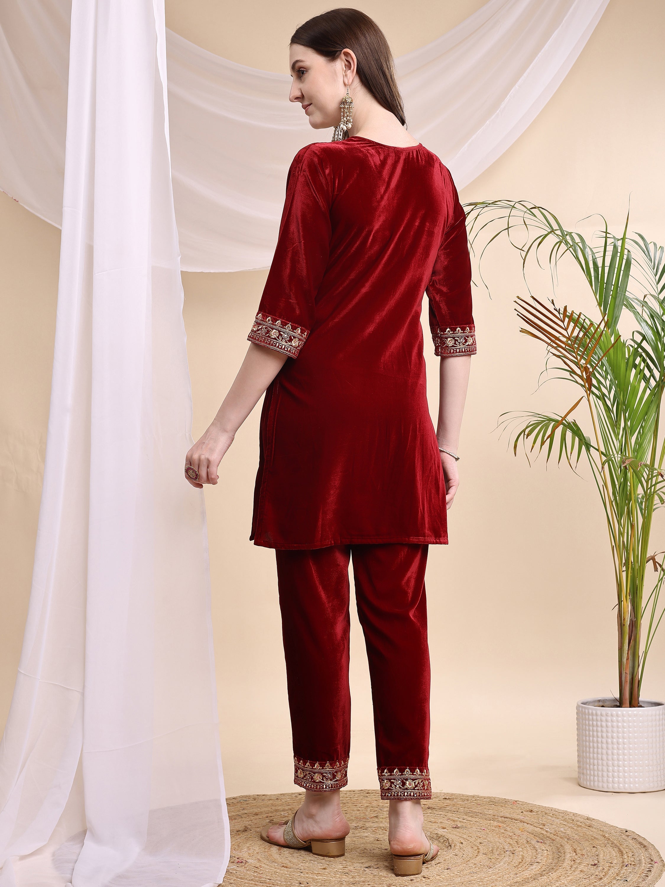 Embroidered Velvet Co-Ords, Maroon - Hiral Fashion | Grocsy