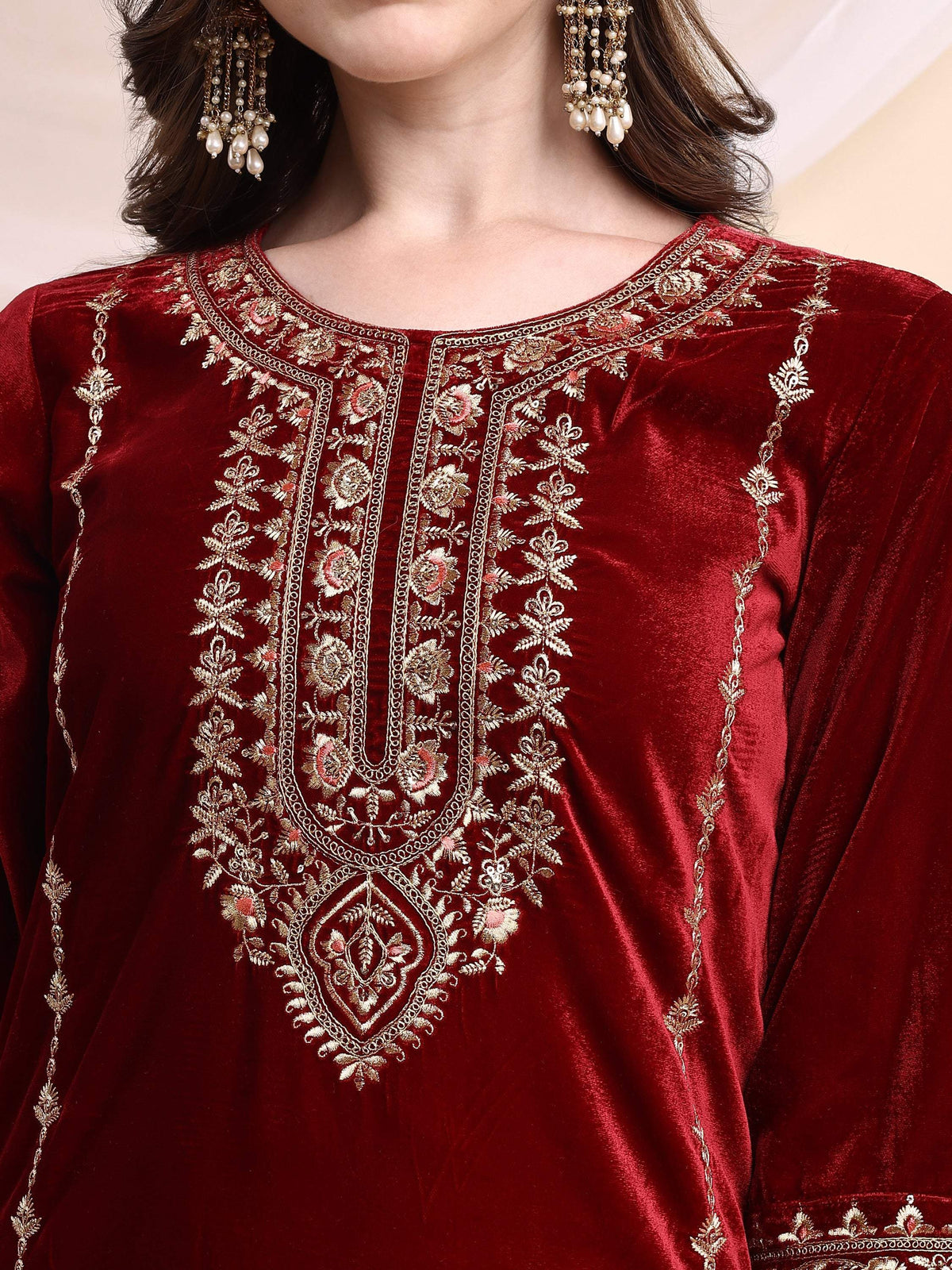 Embroidered Velvet Co-Ords, Maroon - Hiral Fashion | Grocsy