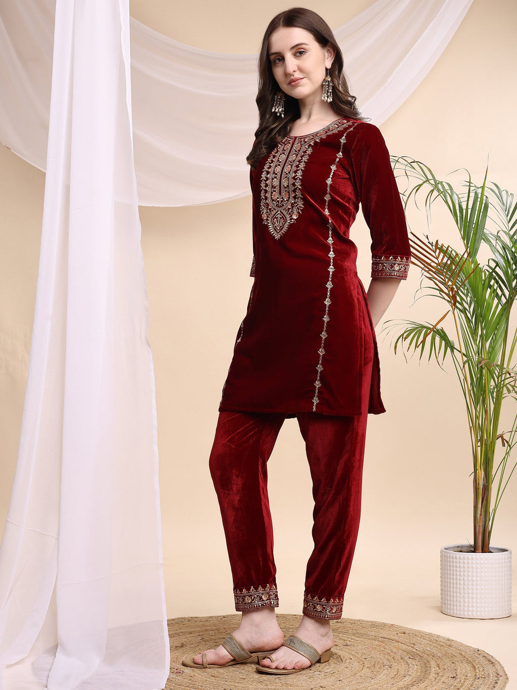 Embroidered Velvet Co-Ords, Maroon - Hiral Fashion | Grocsy