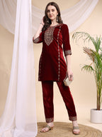 Embroidered Velvet Co-Ords, Maroon - Hiral Fashion | Grocsy