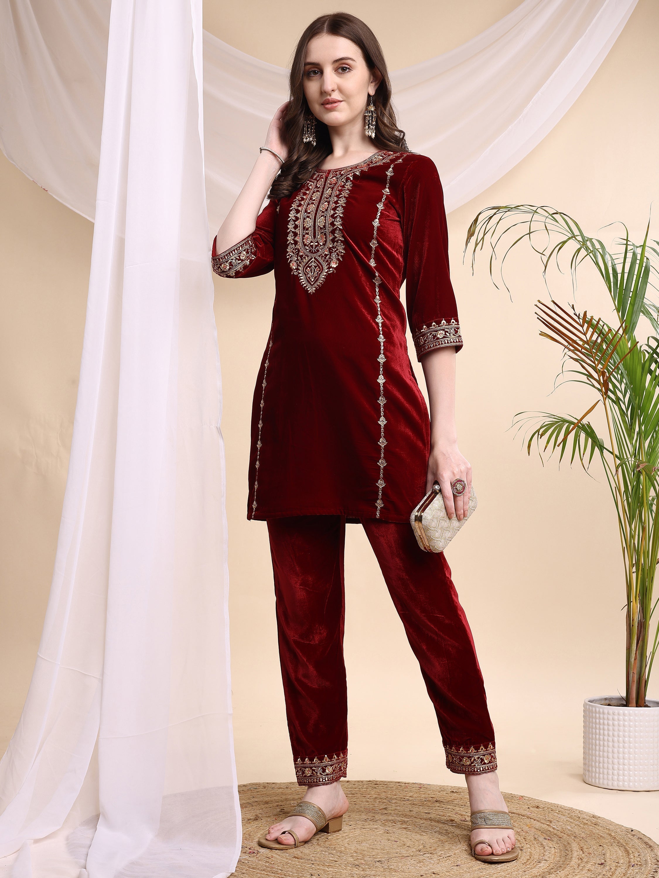 Embroidered Velvet Co-Ords, Maroon - Hiral Fashion | Grocsy