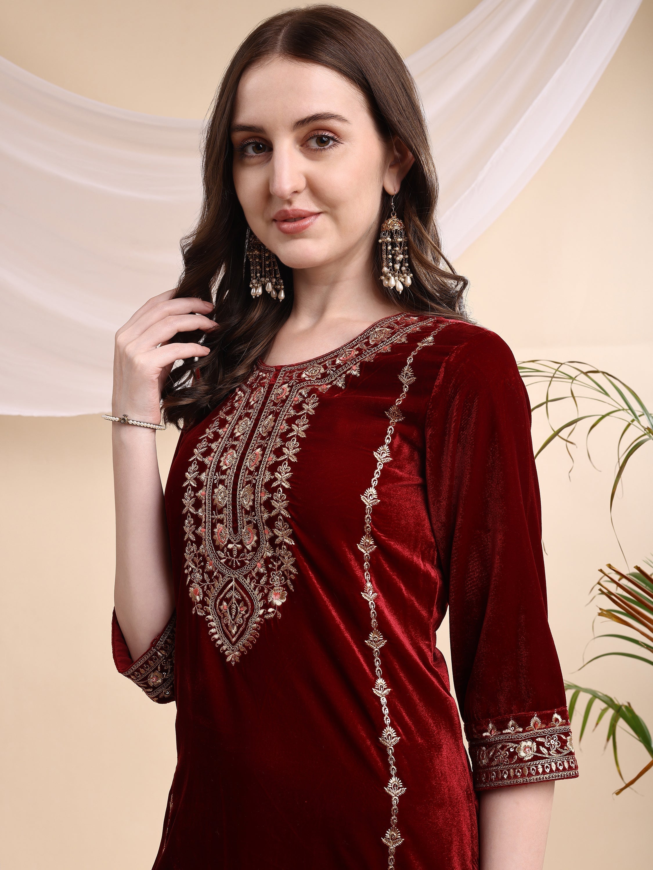 Embroidered Velvet Co-Ords, Maroon - Hiral Fashion | Grocsy