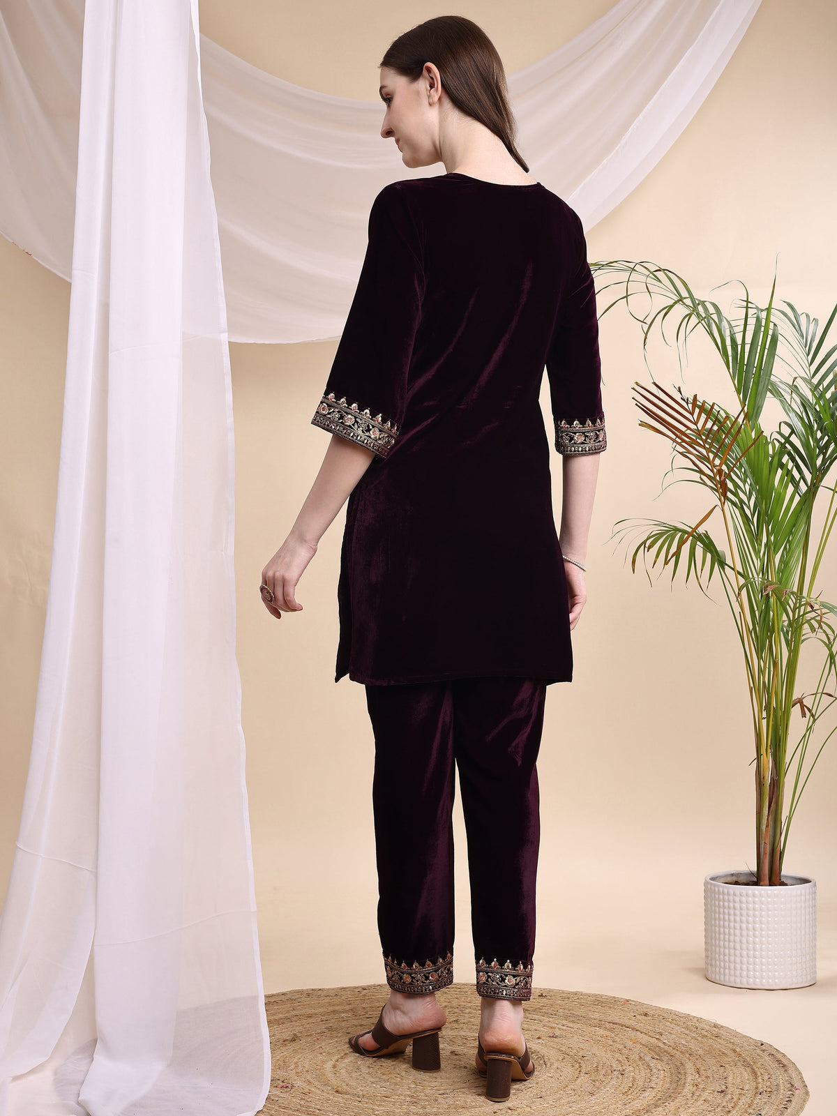 Embroidered Velvet Co-Ords, Wine - Hiral Fashion | Grocsy