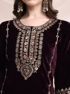 Embroidered Velvet Co-Ords, Wine - Hiral Fashion | Grocsy