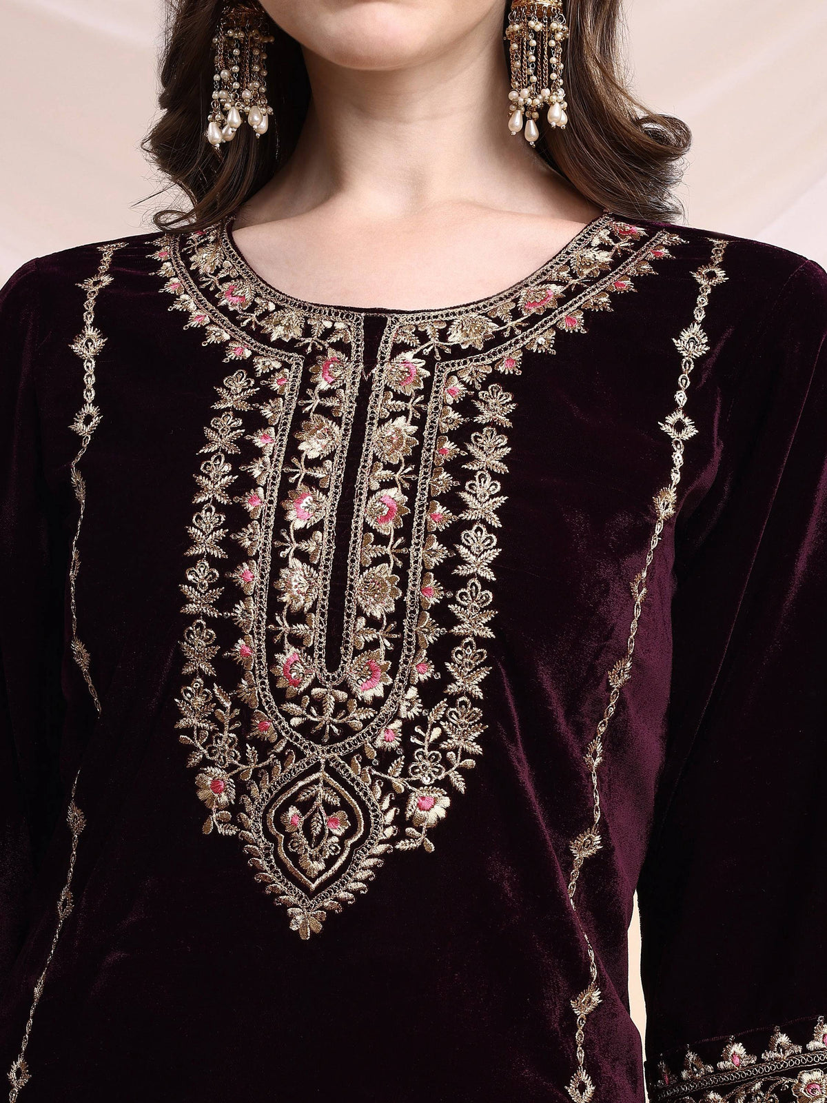 Embroidered Velvet Co-Ords, Wine - Hiral Fashion | Grocsy