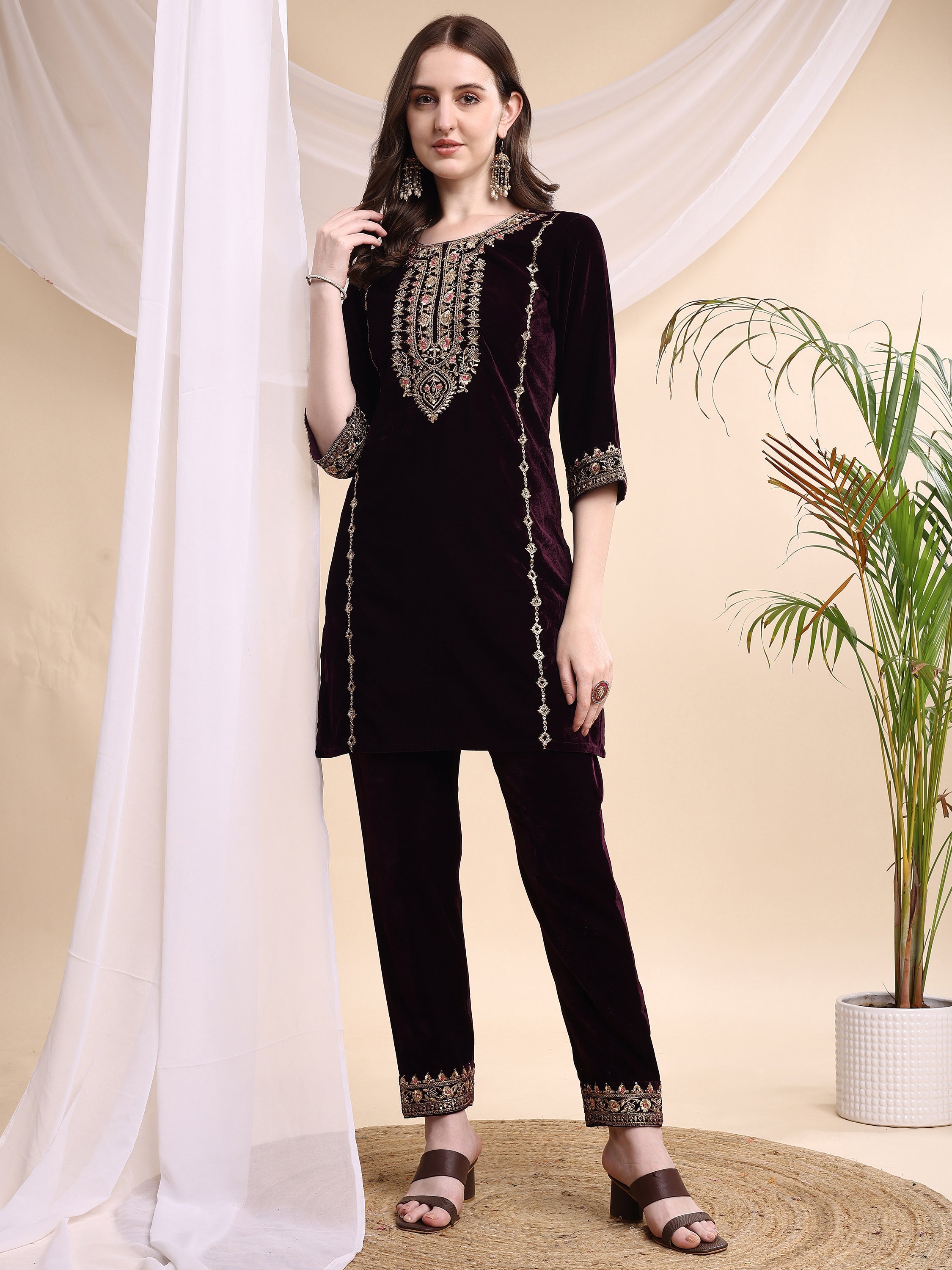 Embroidered Velvet Co-Ords, Wine - Hiral Fashion | Grocsy