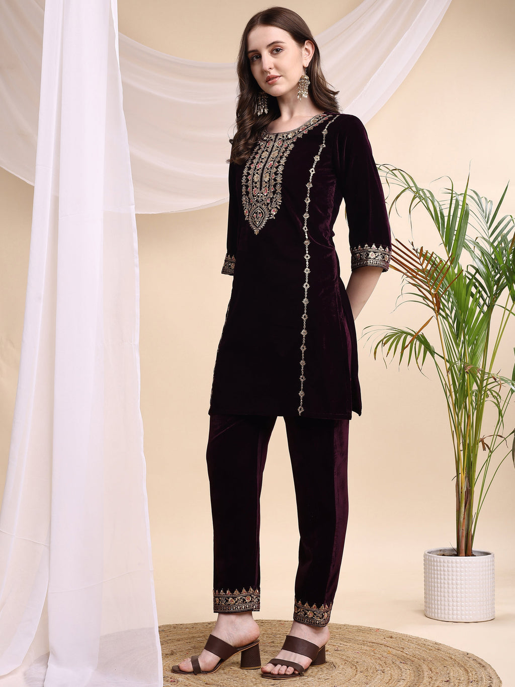 Embroidered Velvet Co-Ords, Wine - Hiral Fashion | Grocsy