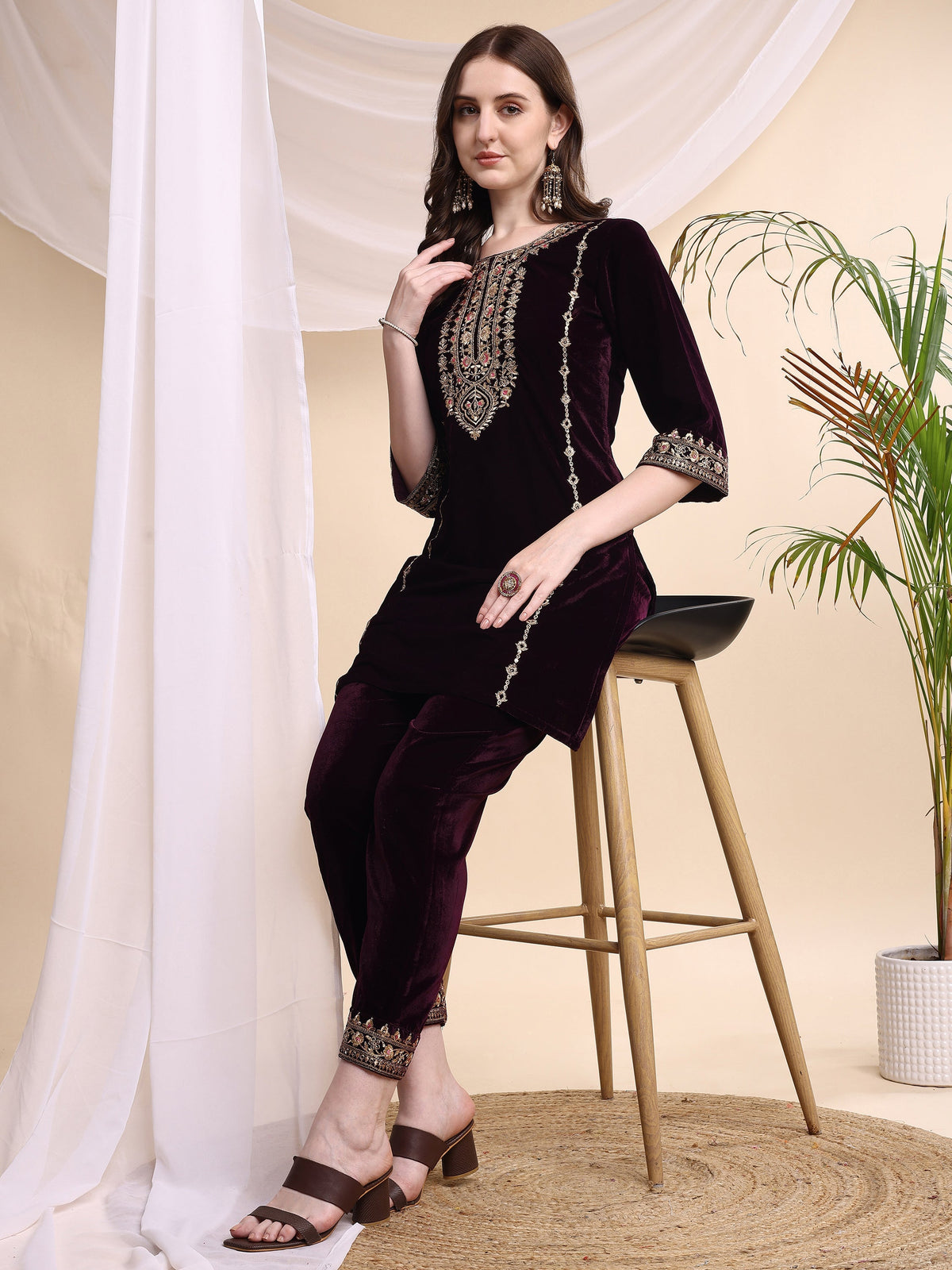 Embroidered Velvet Co-Ords, Wine - Hiral Fashion | Grocsy