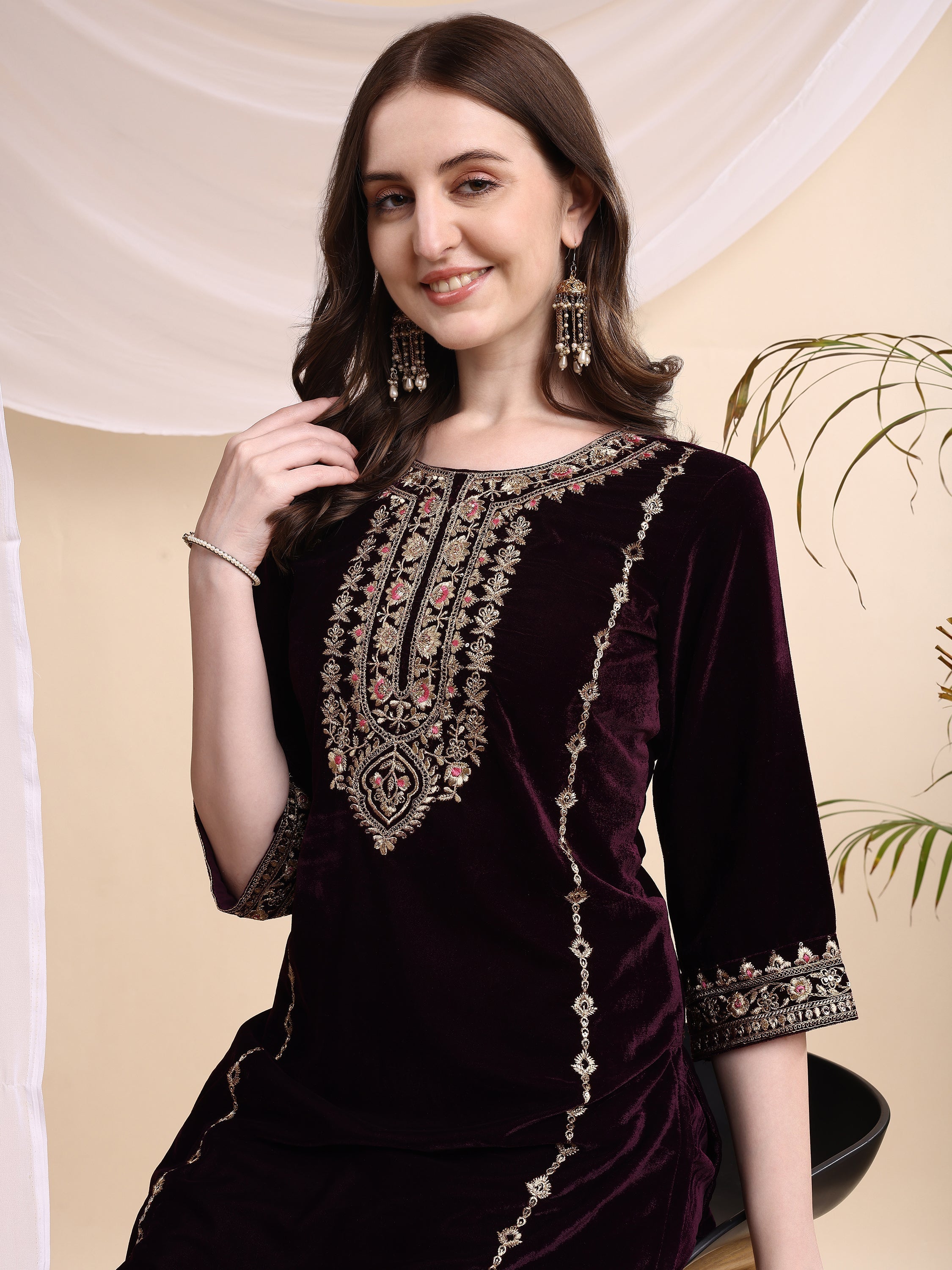 Embroidered Velvet Co-Ords, Wine - Hiral Fashion | Grocsy
