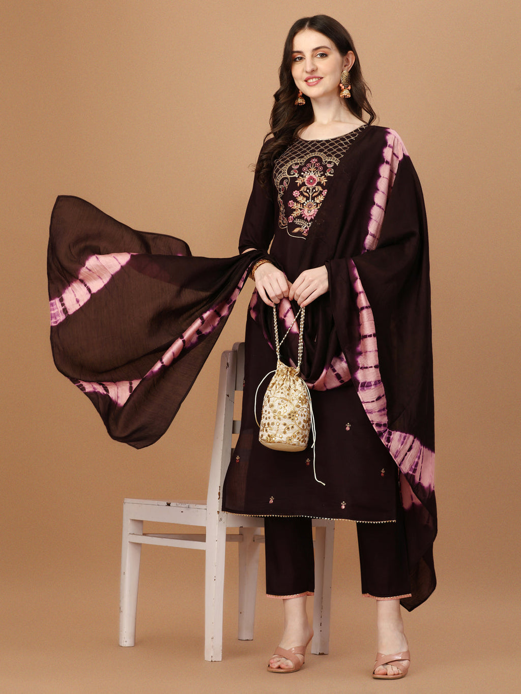 Hand Embroidered Chanderi Kurta With Pant & Dupatta Set, Multicolor - Hiral Fashion | Grocsy