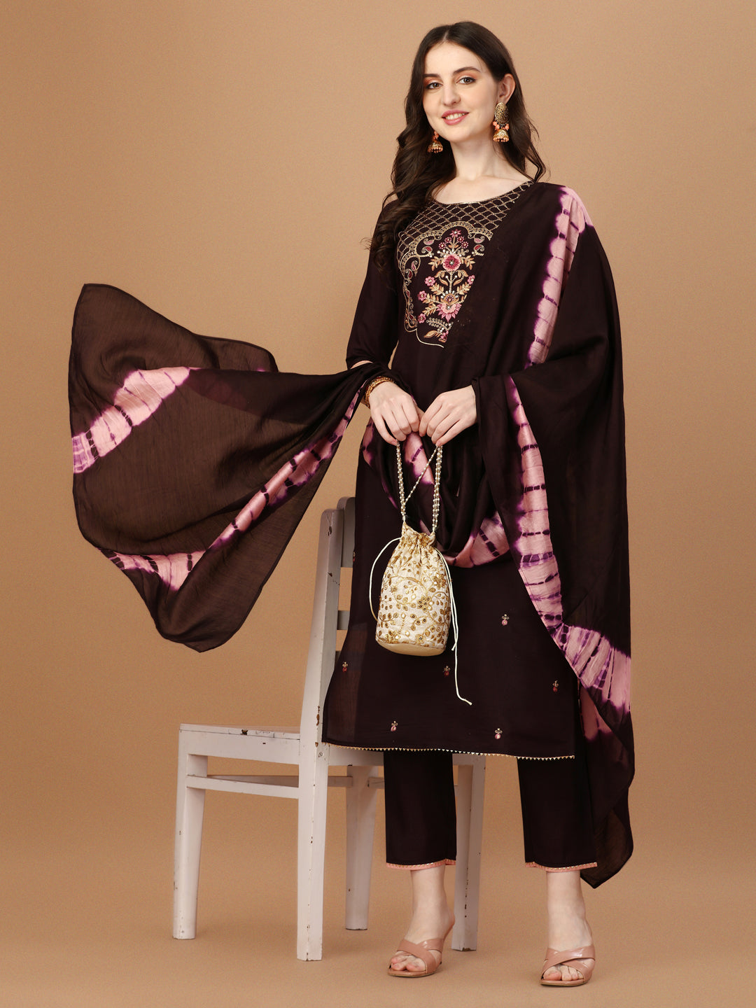 Hand Embroidered Chanderi Kurta With Pant & Dupatta Set, Multicolor - Hiral Fashion | Grocsy