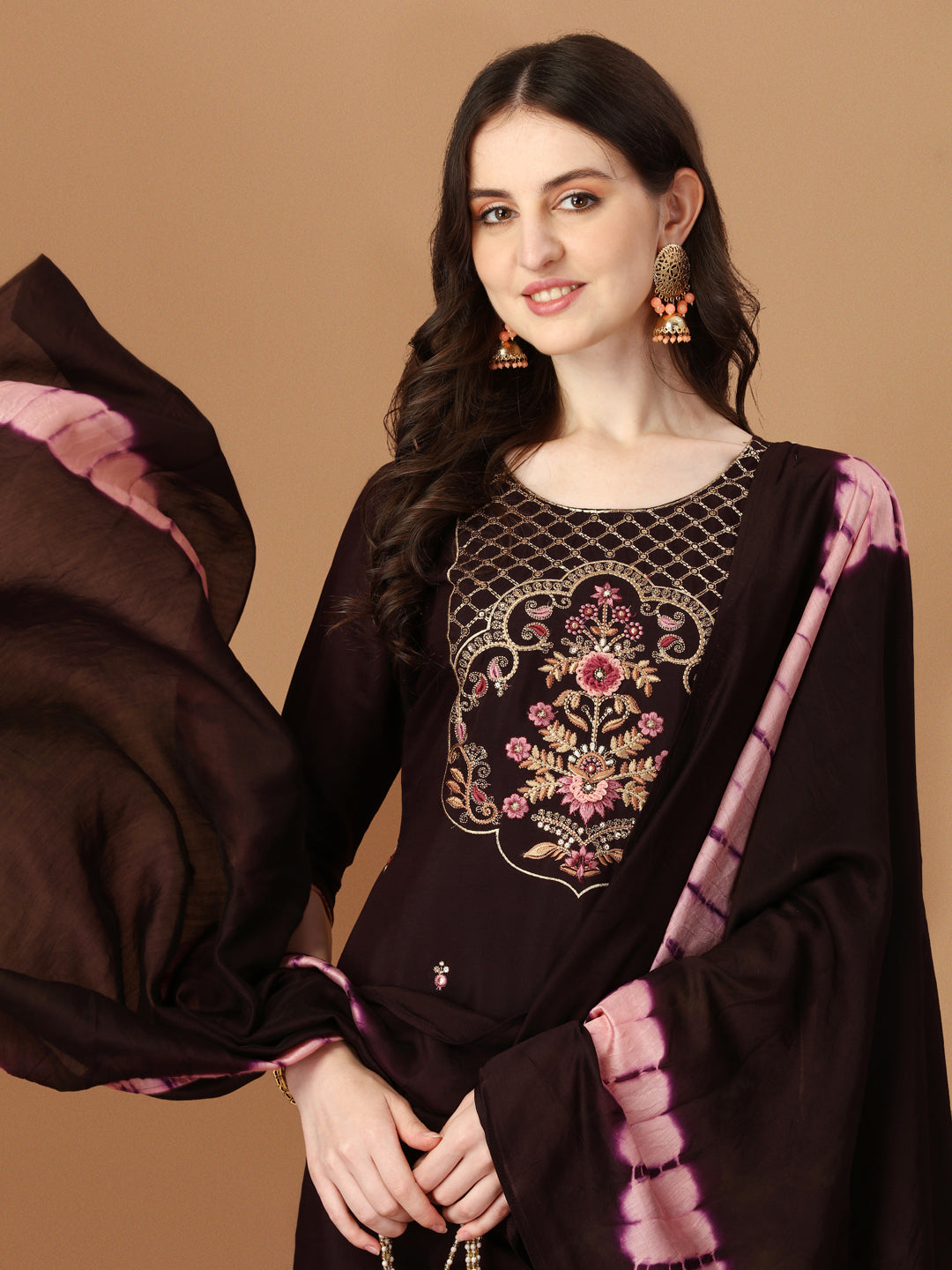 Hand Embroidered Chanderi Kurta With Pant & Dupatta Set, Multicolor - Hiral Fashion | Grocsy