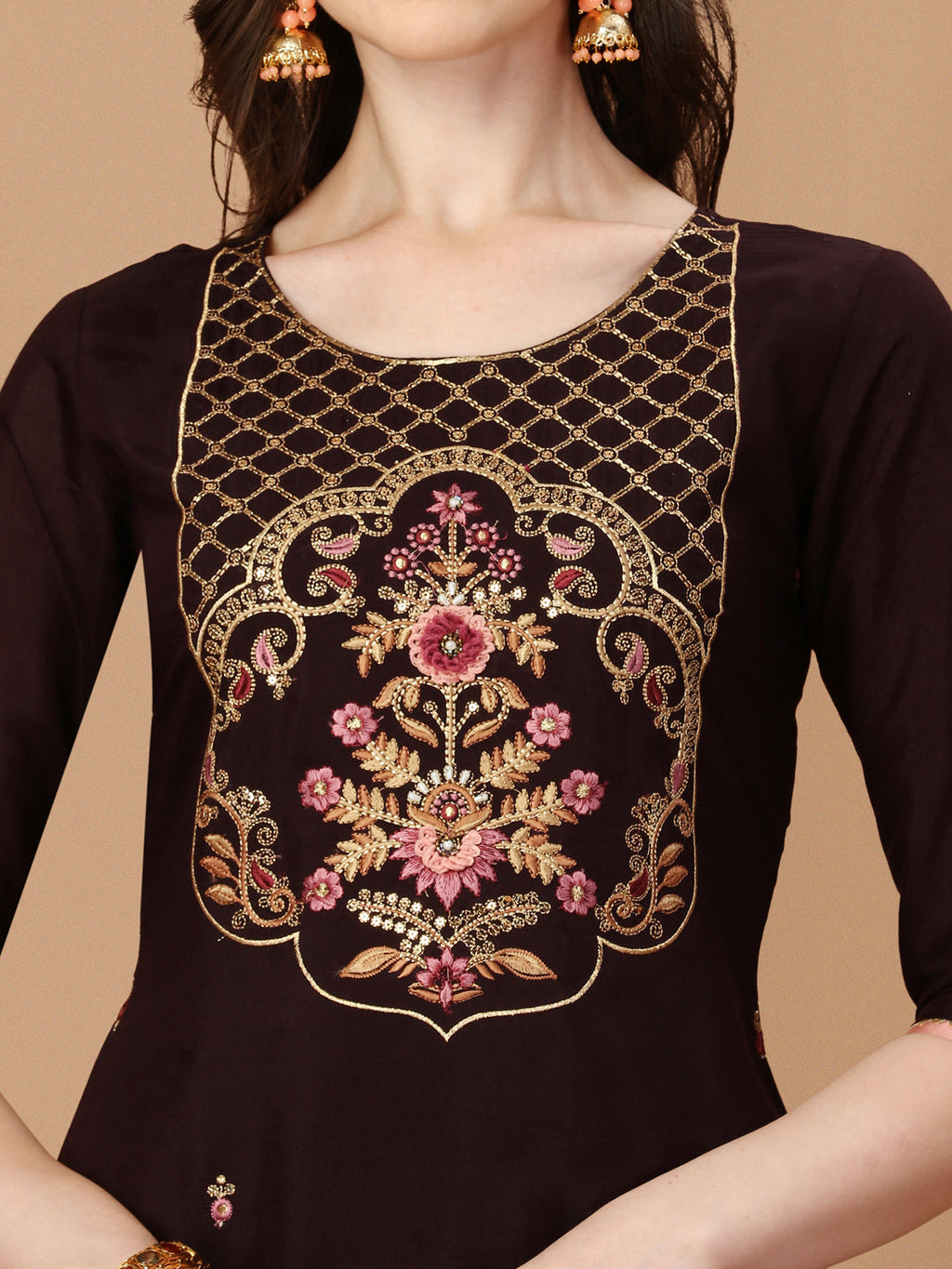 Hand Embroidered Chanderi Kurta With Pant & Dupatta Set, Multicolor - Hiral Fashion | Grocsy