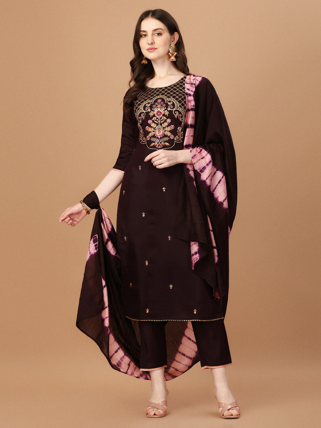 Hand Embroidered Chanderi Kurta With Pant & Dupatta Set, Multicolor - Hiral Fashion | Grocsy