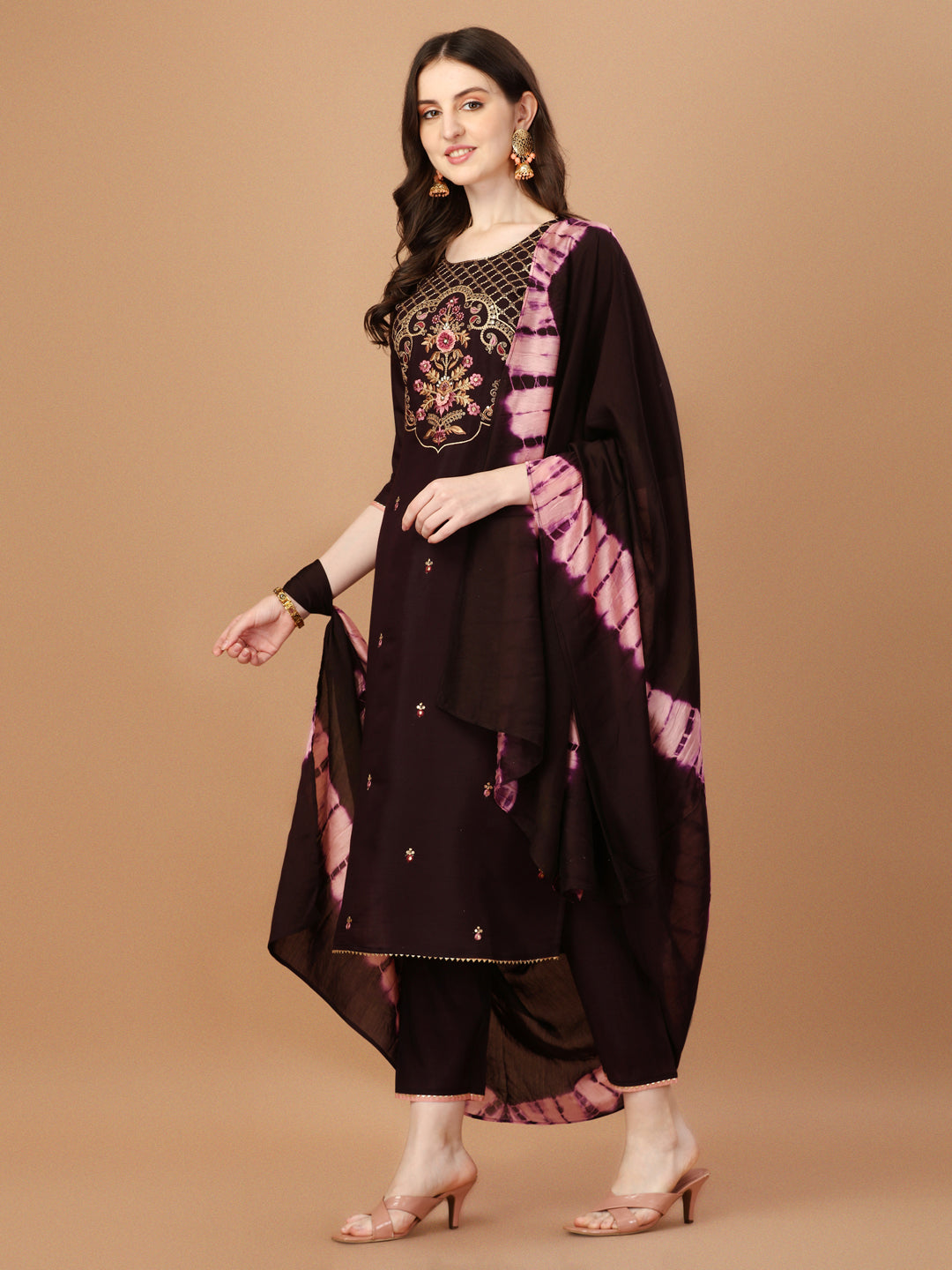 Hand Embroidered Chanderi Kurta With Pant & Dupatta Set, Multicolor - Hiral Fashion | Grocsy