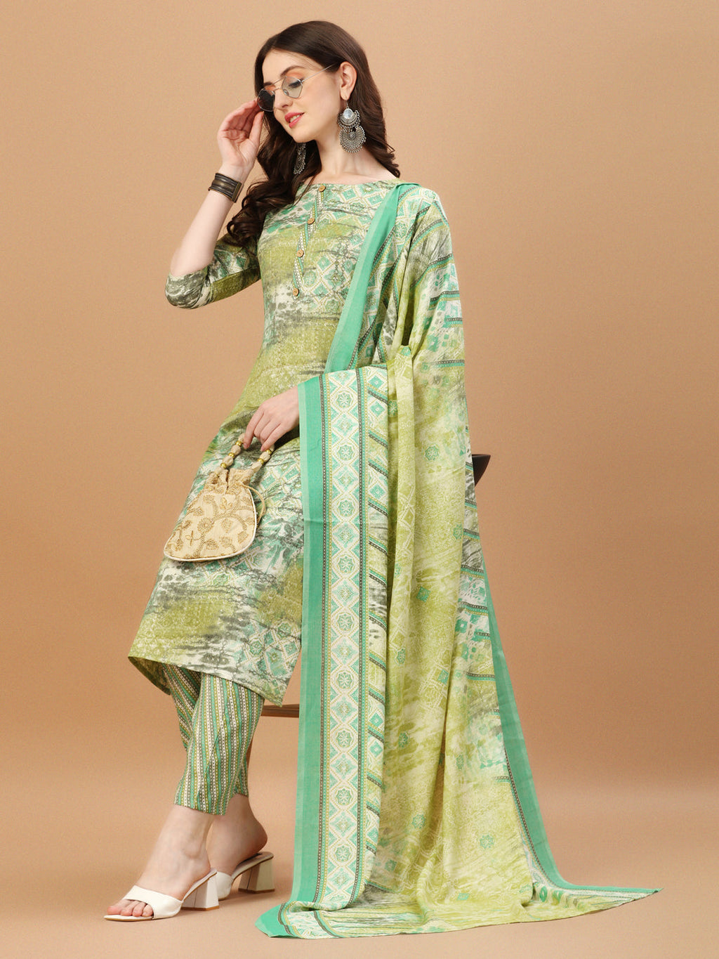 Printed Cotton Green Kurta Pant & Dupatta Set, Multicolor - Hiral Fashion | Grocsy