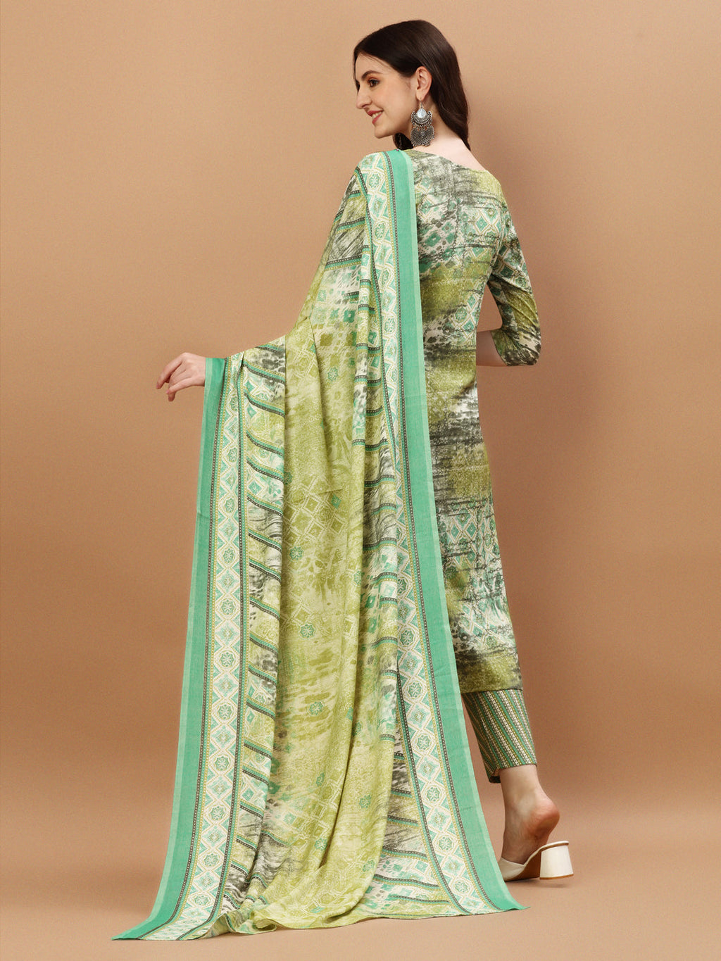 Printed Cotton Green Kurta Pant & Dupatta Set, Multicolor - Hiral Fashion | Grocsy
