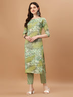 Printed Cotton Green Kurta Pant & Dupatta Set, Multicolor - Hiral Fashion | Grocsy
