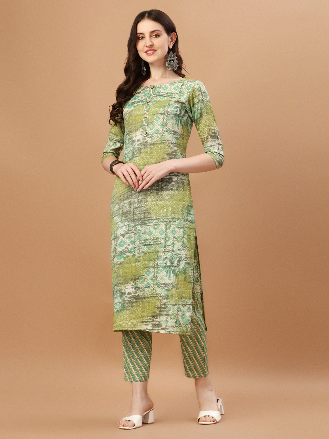 Printed Cotton Green Kurta Pant & Dupatta Set, Multicolor - Hiral Fashion | Grocsy