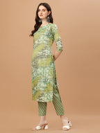 Printed Cotton Green Kurta Pant & Dupatta Set, Multicolor - Hiral Fashion | Grocsy