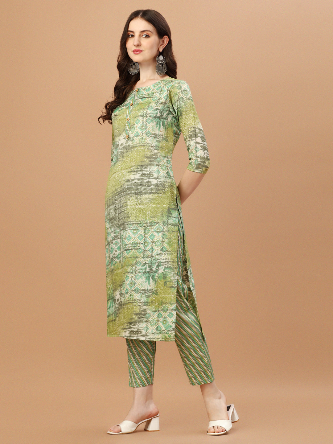 Printed Cotton Green Kurta Pant & Dupatta Set, Multicolor - Hiral Fashion | Grocsy