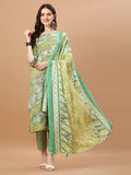 Printed Cotton Green Kurta Pant & Dupatta Set, Multicolor - Hiral Fashion | Grocsy