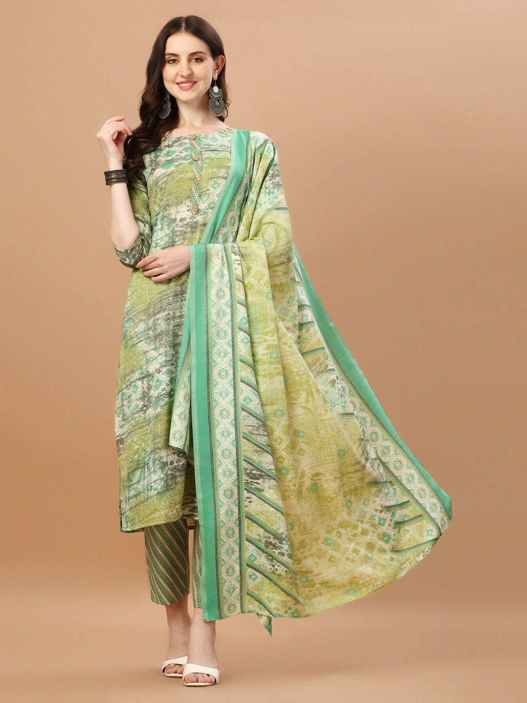 Printed Cotton Green Kurta Pant & Dupatta Set, Multicolor - Hiral Fashion | Grocsy
