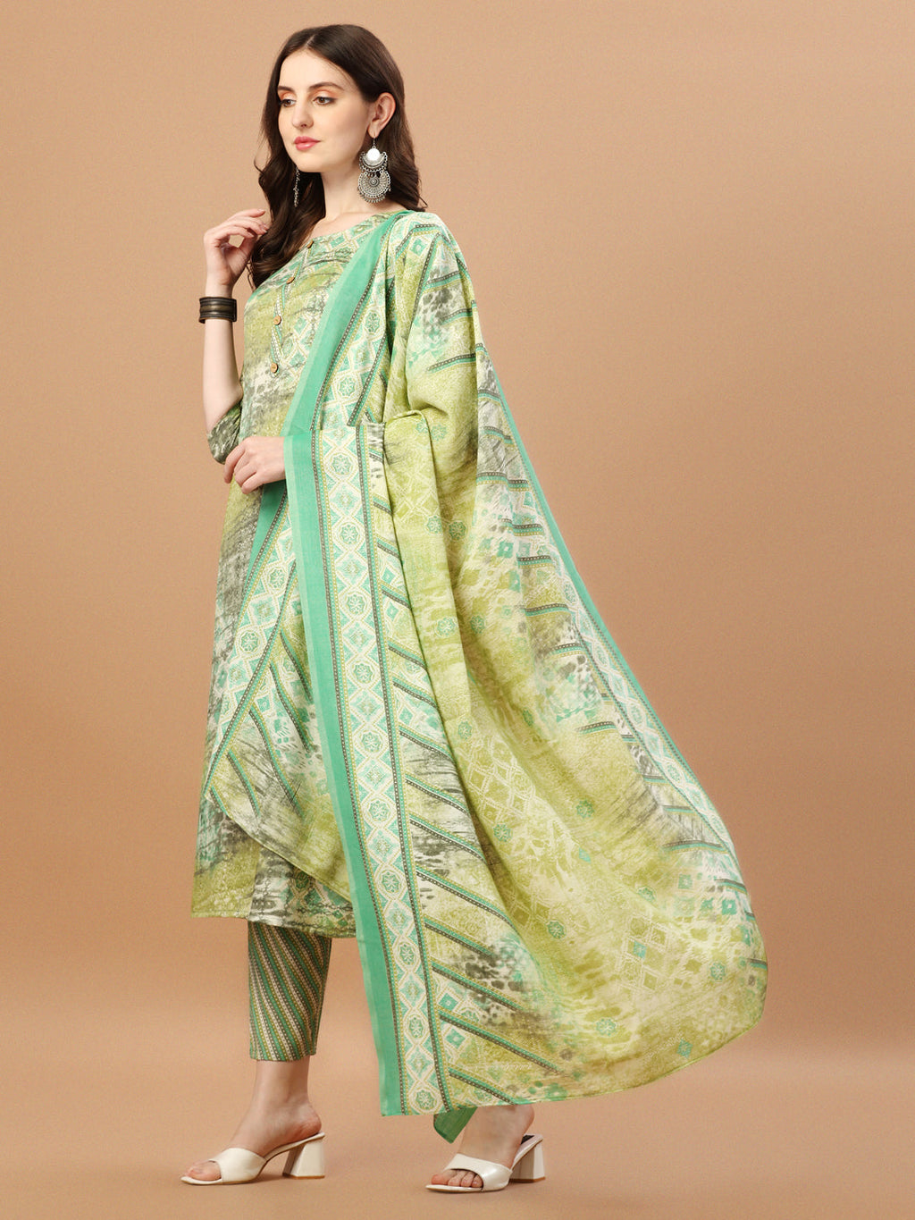 Printed Cotton Green Kurta Pant & Dupatta Set, Multicolor - Hiral Fashion | Grocsy