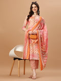 Printed Cotton Orange & Pink Kurta Pant & Dupatta Set, Multicolor - Hiral Fashion | Grocsy