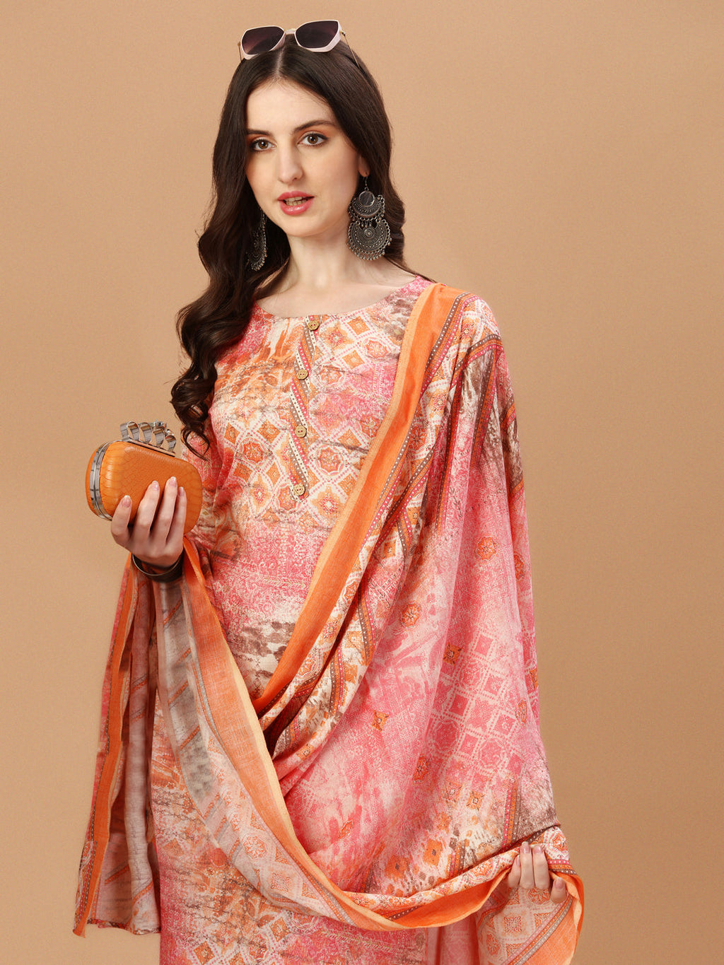 Printed Cotton Orange & Pink Kurta Pant & Dupatta Set, Multicolor - Hiral Fashion | Grocsy