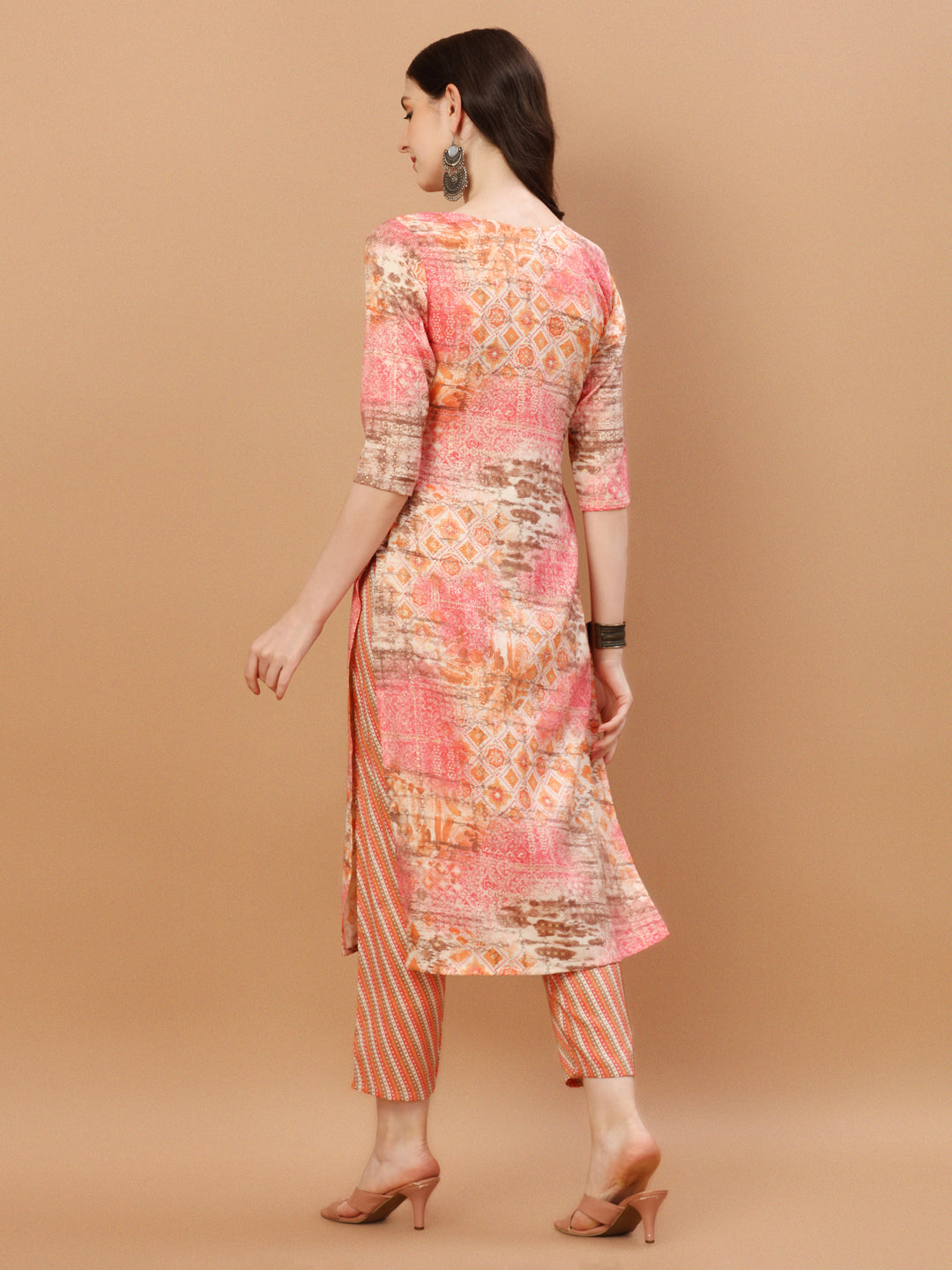 Printed Cotton Orange & Pink Kurta Pant & Dupatta Set, Multicolor - Hiral Fashion | Grocsy