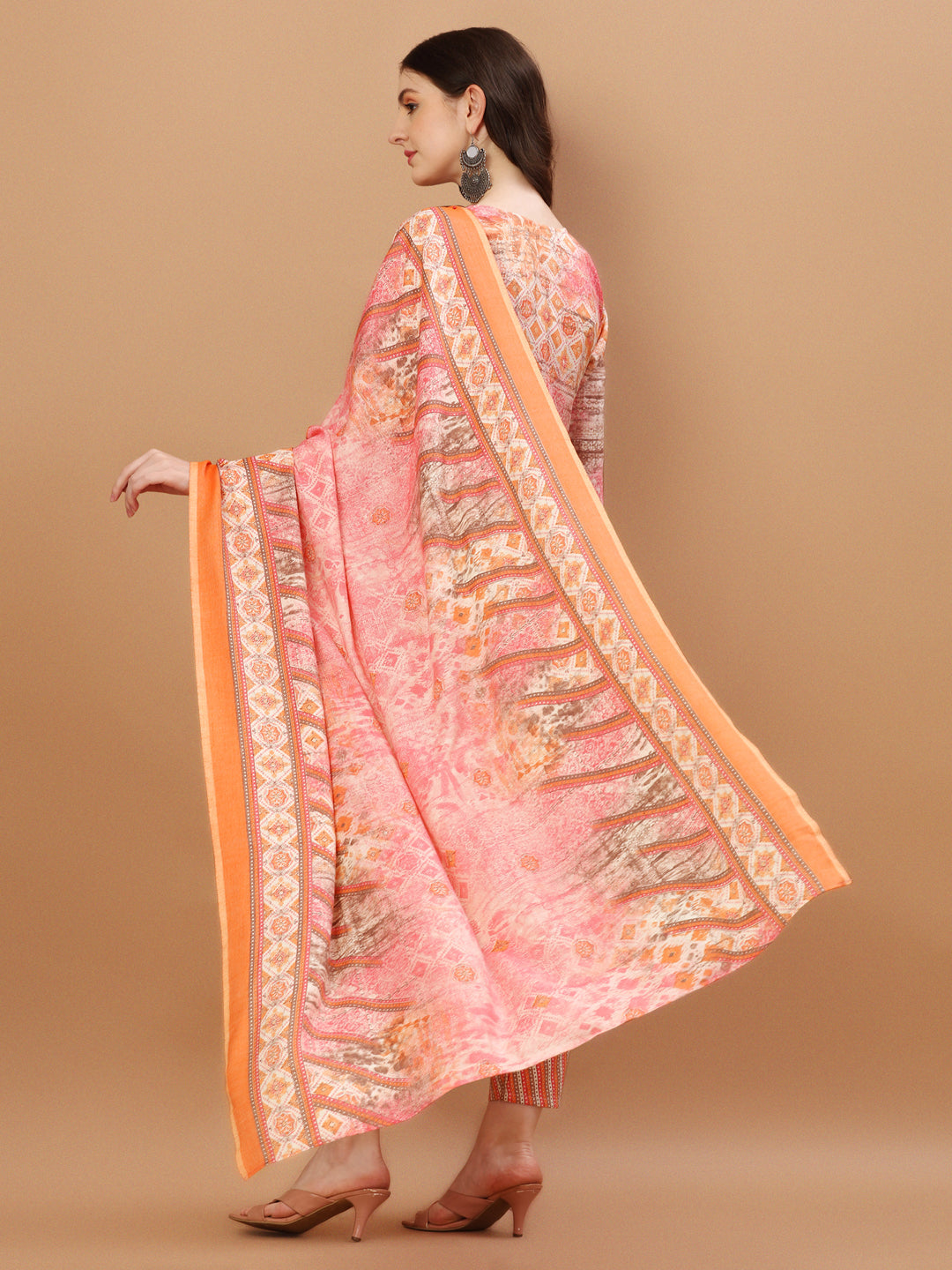 Printed Cotton Orange & Pink Kurta Pant & Dupatta Set, Multicolor - Hiral Fashion | Grocsy