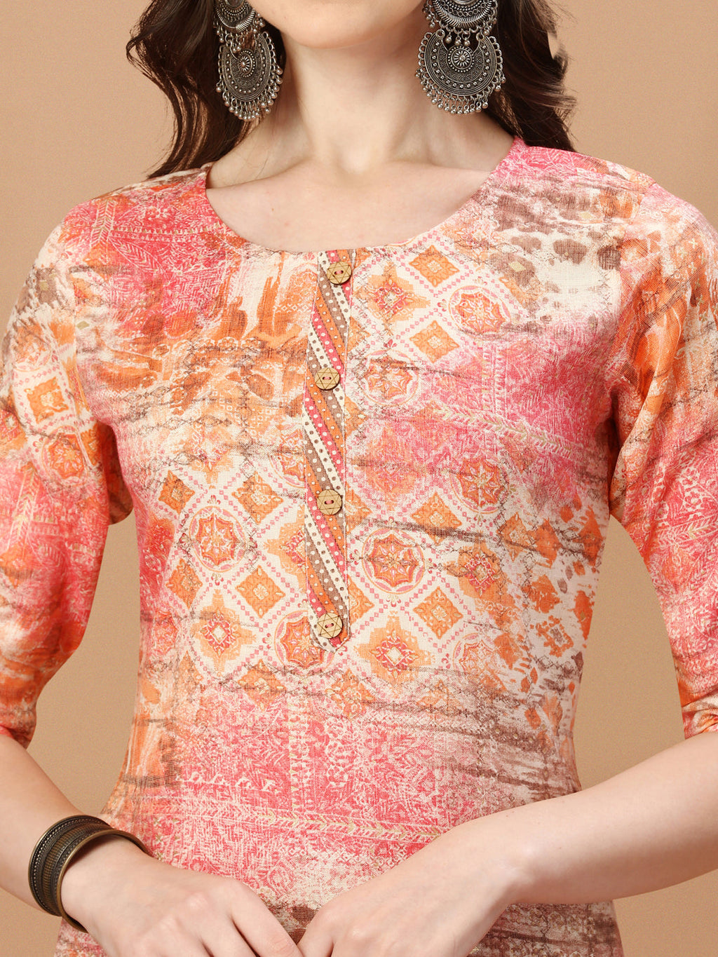 Printed Cotton Orange & Pink Kurta Pant & Dupatta Set, Multicolor - Hiral Fashion | Grocsy