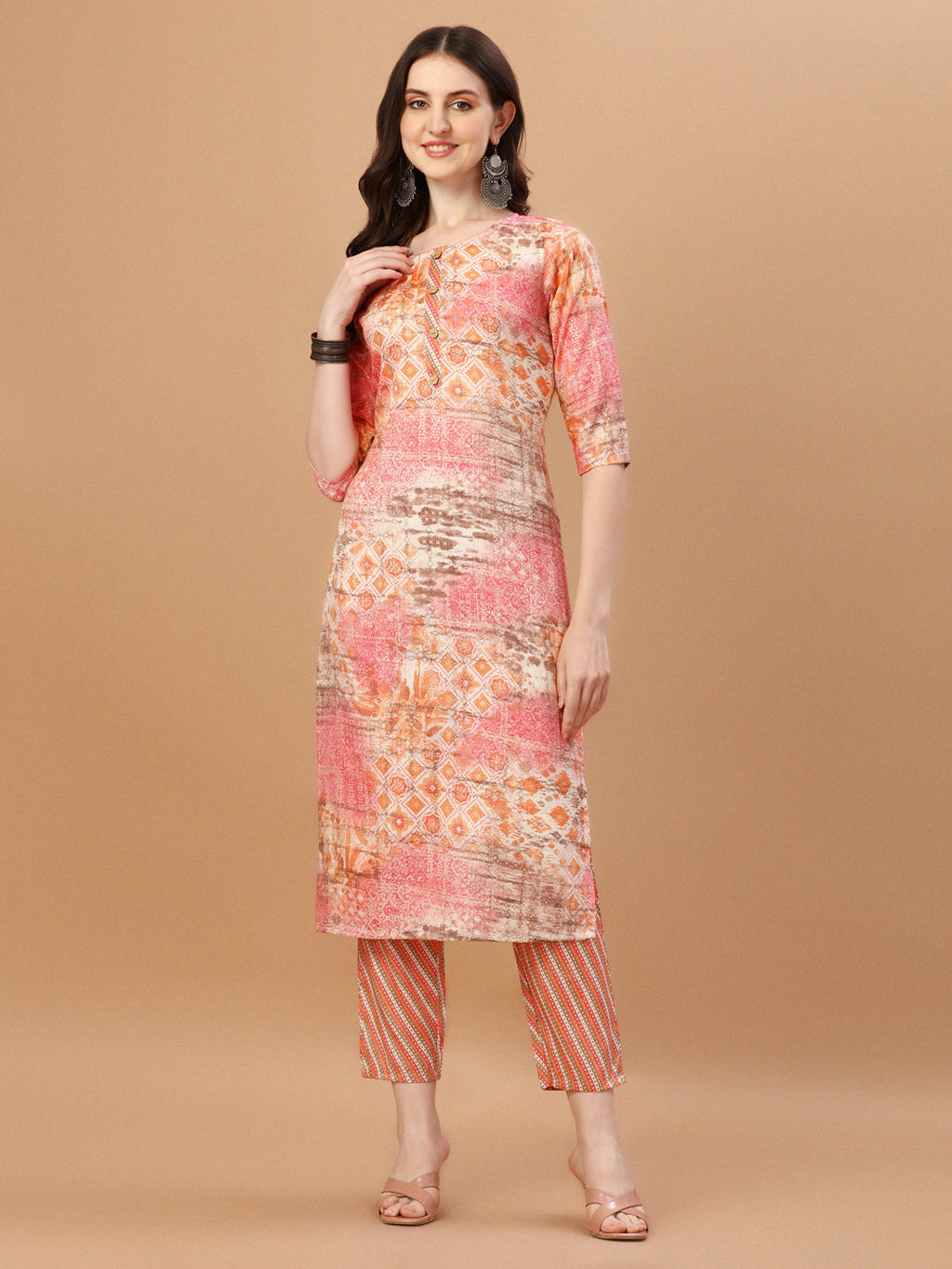 Printed Cotton Orange & Pink Kurta Pant & Dupatta Set, Multicolor - Hiral Fashion | Grocsy