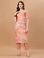 Printed Cotton Orange & Pink Kurta Pant & Dupatta Set, Multicolor - Hiral Fashion | Grocsy