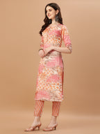 Printed Cotton Orange & Pink Kurta Pant & Dupatta Set, Multicolor - Hiral Fashion | Grocsy