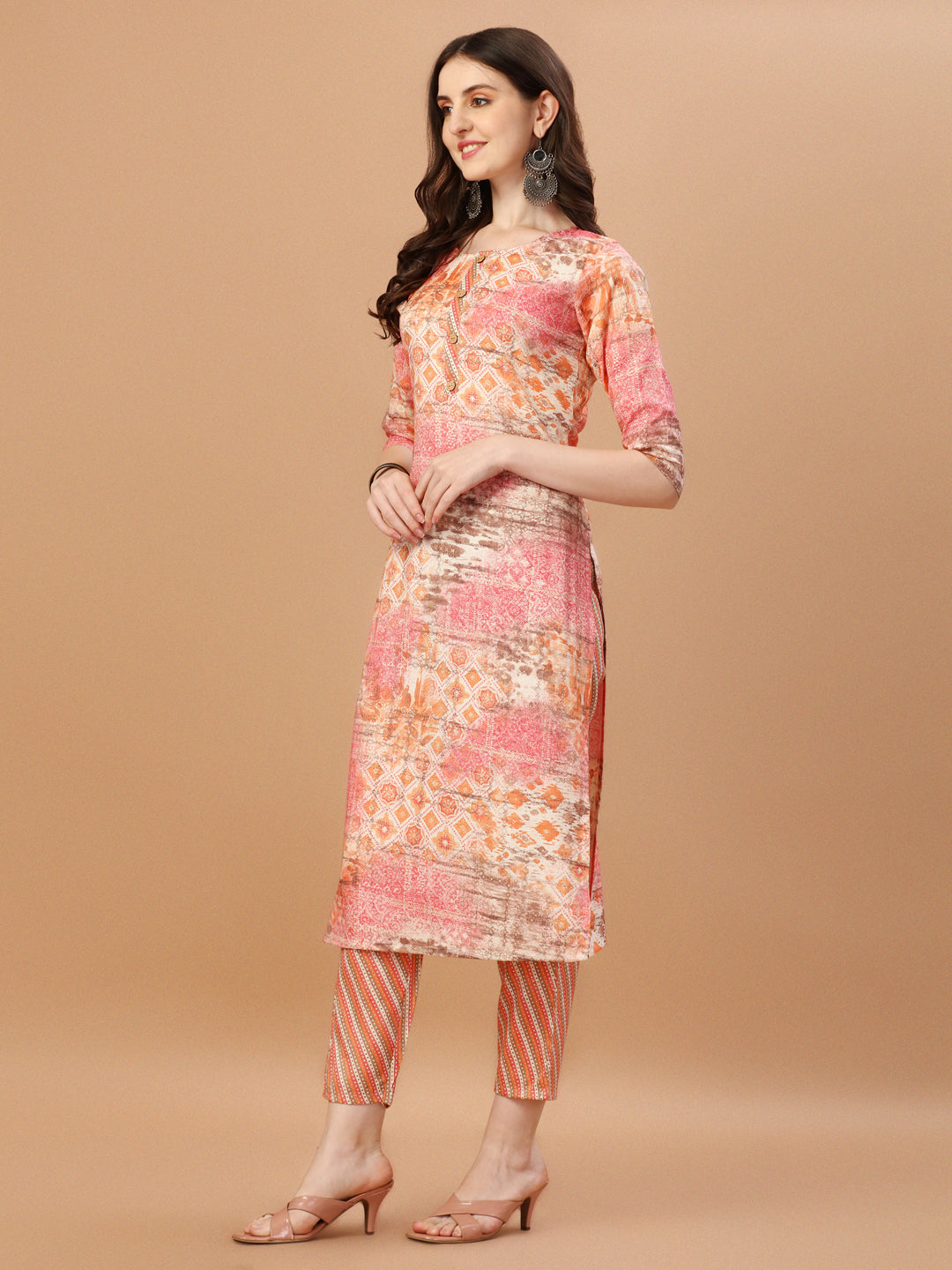 Printed Cotton Orange & Pink Kurta Pant & Dupatta Set, Multicolor - Hiral Fashion | Grocsy