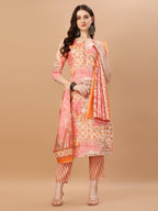 Printed Cotton Orange & Pink Kurta Pant & Dupatta Set, Multicolor - Hiral Fashion | Grocsy