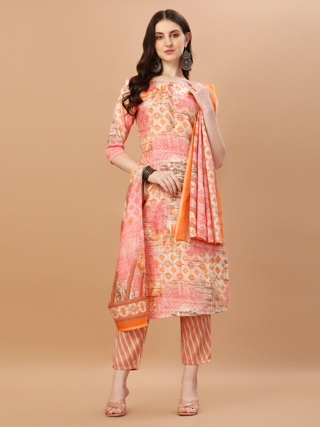 Printed Cotton Orange & Pink Kurta Pant & Dupatta Set, Multicolor - Hiral Fashion | Grocsy